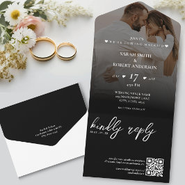 シンプルブラック新着写真QRコー結婚ド オールインワン招待状