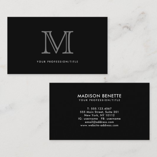 シンプルブラック灰色モダンタイポグラフィモノグラム 名刺 (正面/裏面)