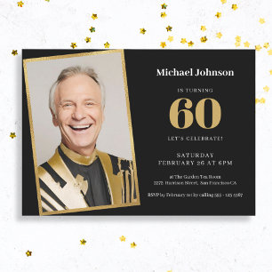 シンプルブラック金ゴールドカスタム写真60th誕生日パーティー 招待状