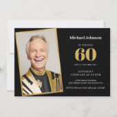 シンプルブラック金ゴールドカスタム写真60th誕生日パーティー 招待状 (正面)