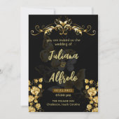 シンプルブラック金ゴールドフローラモダン&エレガントな結婚式 招待状 (正面)