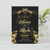 シンプルブラック金ゴールドフローラモダン&エレガントな結婚式 招待状 (スタンド正面)
