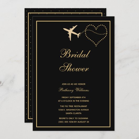 シンプルブラック金ゴールド旅行ブライダルシャワー 招待状 (正面/裏面)