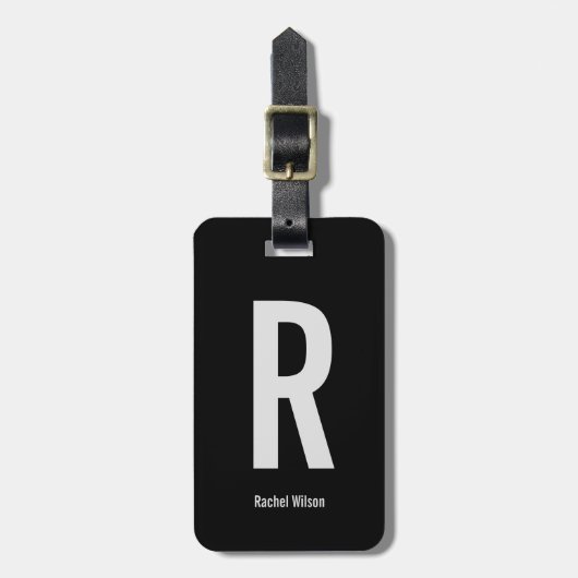 シンプルブラック&グレーモノグラムイニシャルと名前 ラゲッジタグ (正面縦)