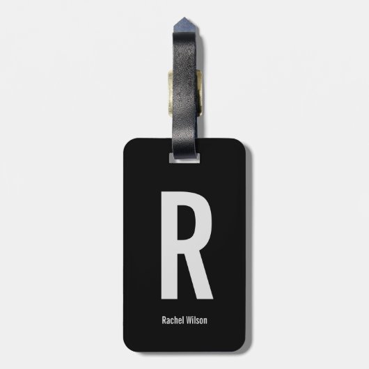 シンプルブラック&グレーモノグラムイニシャルと名前 ラゲッジタグ (裏面縦)