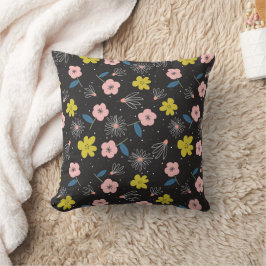 シンプルブラック&ピンクイラストレーションフローラルパターン クッション