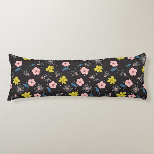 シンプルブラック&ピンクイラストレーションフローラルパターン ボディピロー (正面)