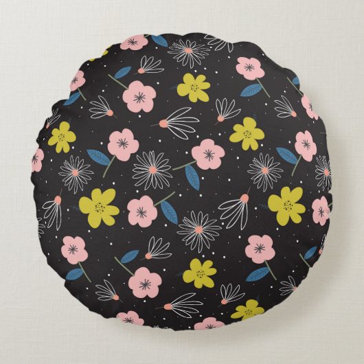 シンプルブラック&ピンクイラストレーションフローラルパターン ラウンドクッション (正面)