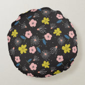 シンプルブラック&ピンクイラストレーションフローラルパターン ラウンドクッション (裏面)