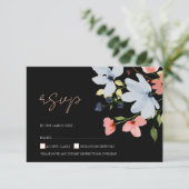 シンプルブラック&ピンクフローラ結婚式RSVPカード 出欠カード (スタンド正面)
