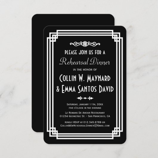 シンプルブラック&ホワイトアールデコリハーサルディナー 招待状 (正面/裏面)