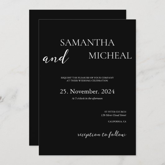 シンプルブラック&ホワイトエレガントミニマ結婚リスト 招待状 (正面/裏面)