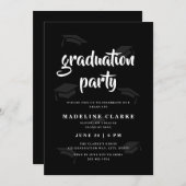 シンプルブラック&ホワイトグラードキャップ卒業パーティー 招待状 (正面/裏面)