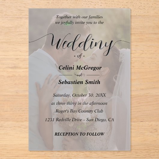 シンプルブラック&ホワイトフォトオーバーレイ結婚ズ アクリル招待状 (正面)