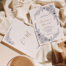 シンプルブラック&ホワイトフローラモノグラムハート結婚