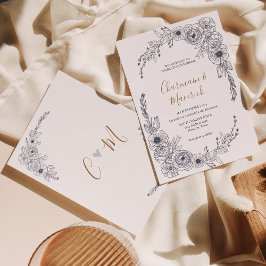 シンプルブラック&ホワイトフローラモノグラムハート結婚 招待状