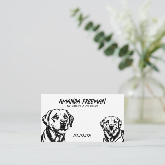 シンプルブラック&ホワイトラブラドールアートドッグ歩く 名刺 (スタンド正面)