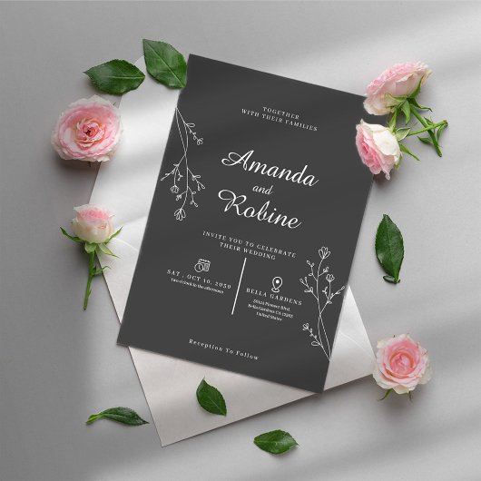 シンプルブラック&ホワイトリーフ結婚式招待状 招待状