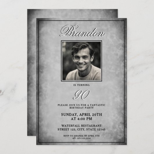 シンプルブラック&ホワイトヴィンテージ写真90誕生日 招待状 (正面/裏面)
