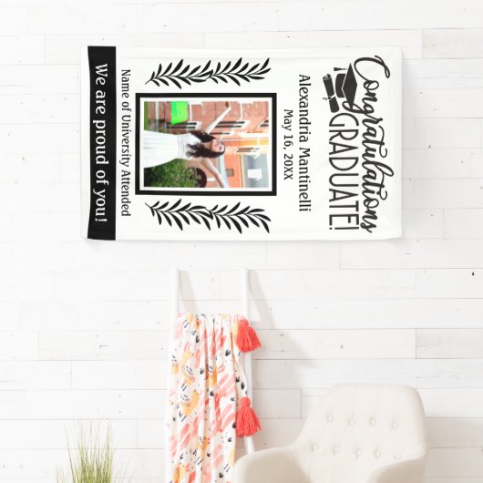 シンプルブラック&ホワイト卒業1枚フォト垂直 横断幕 (インサイチュ)