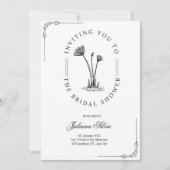 シンプルブラック、ホワイト手描き花ブライダルシャワー 招待状 (正面)