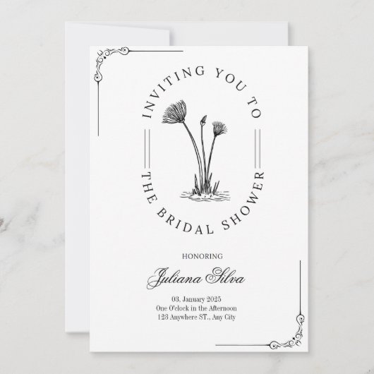 シンプルブラック、ホワイト手描き花ブライダルシャワー 招待状 (正面)