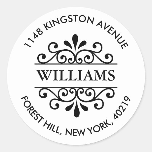 シンプルブラック&ホワイト華美差出人住所 ラウンドシール (正面)