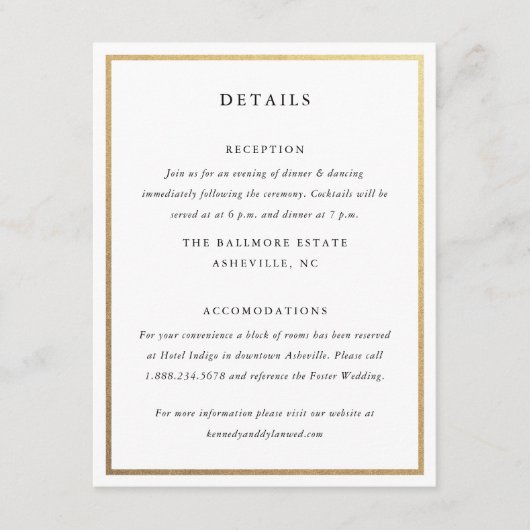 シンプルブラック&ホワイト金ゴールドエレガントな結婚式詳細 エンクロージャーカード (正面)