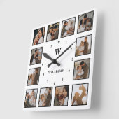シンプルブラック&ホワイト12-Photoコラージュイニシャル名 スクエア壁時計 (傾斜)