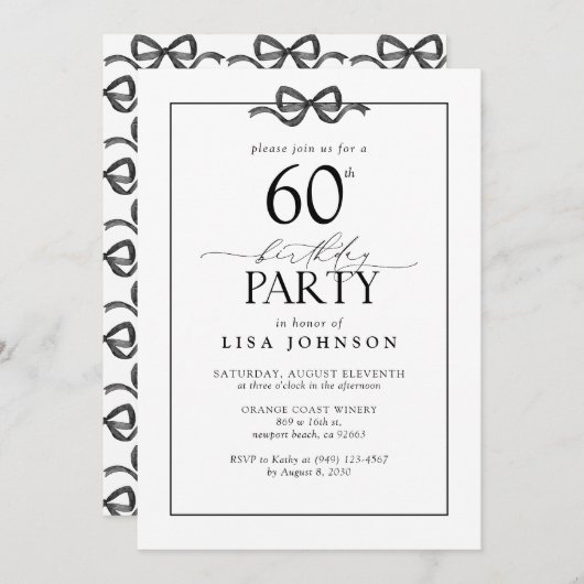 シンプルブラック&ホワイト60thバースデーパーティーブウ 招待状 (正面/裏面)