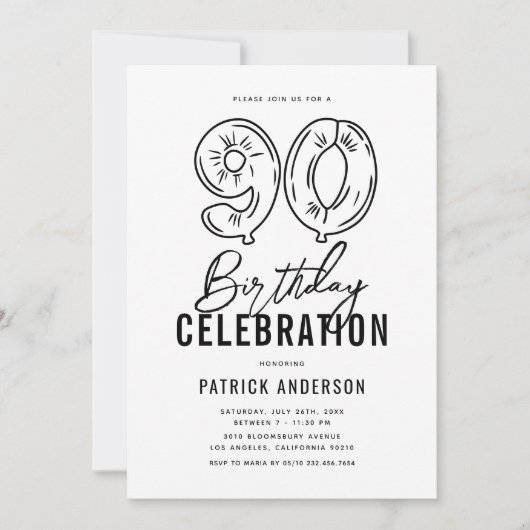 シンプルブラック&ホワイト90thバースデーパーティー 招待状 (正面)