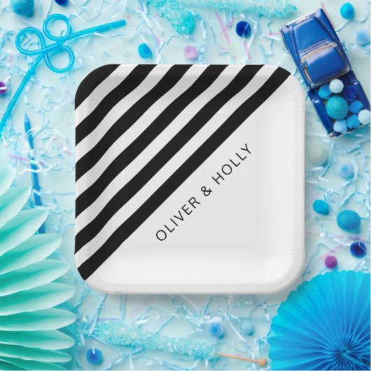 シンプルブラック&ホワストライプのイトスクエア結婚ズ ペーパープレート (パーティー)