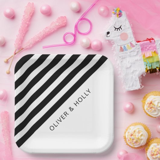 シンプルブラック&ホワストライプのイトスクエア結婚ズ ペーパープレート (パーティー)