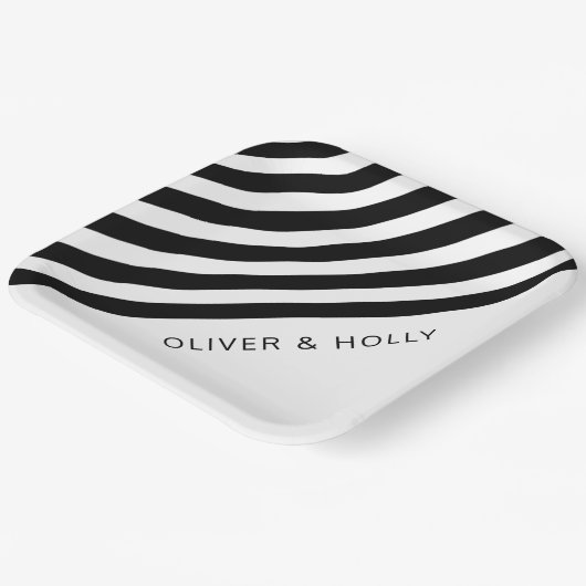 シンプルブラック&ホワストライプのイトスクエア結婚ズ ペーパープレート (傾斜あり)