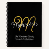 シンプルブラック&金ゴールドレトロスクリプトモノグラムレシピ ノートブック (正面)
