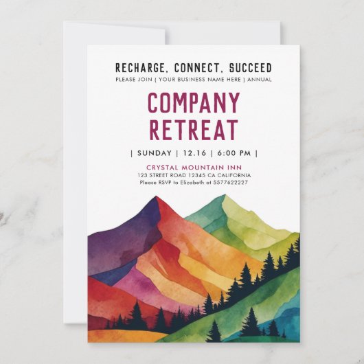 シンプルブルガンディマウンテンリトリートフォレストウォーターカラー 招待状 (正面)