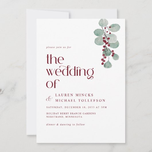 シンプルブルゴーニュつる植物ウィンターウェディングモダン 招待状 (正面)