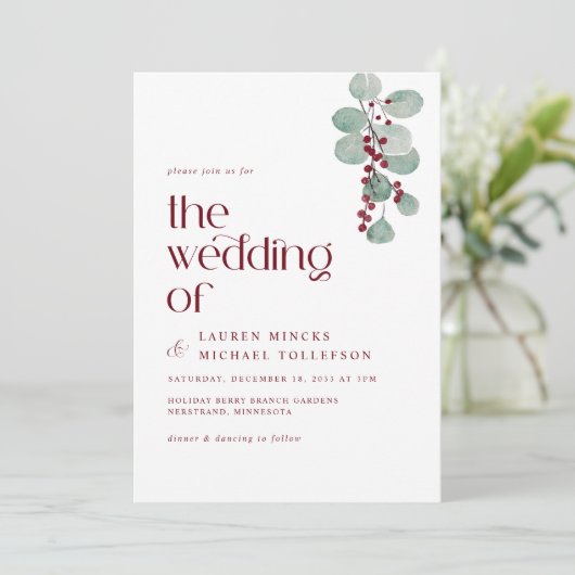 シンプルブルゴーニュつる植物ウィンターウェディングモダン 招待状 (スタンド正面)