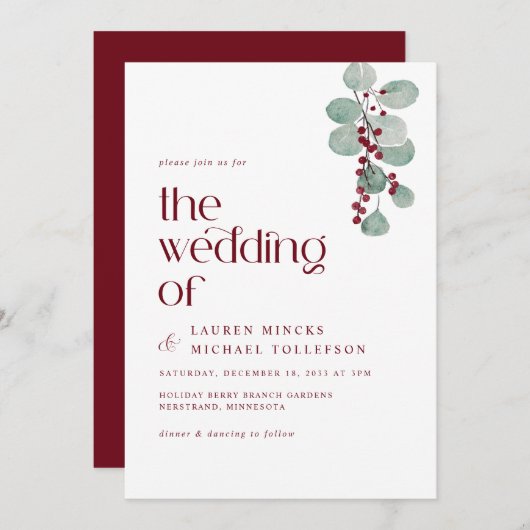 シンプルブルゴーニュつる植物ウィンターウェディングモダン 招待状 (正面/裏面)