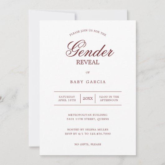 シンプルブルゴーニュとホワイトミニマリストのジェンダー発表 招待状 (正面)