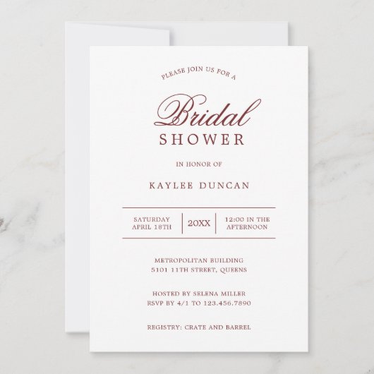 シンプルブルゴーニュとホワイトミニマルブライダルシャワー 招待状 (正面)