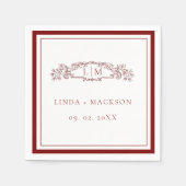 シンプルブルゴーニュの植物冠モノグラム結婚の スタンダードカクテルナプキン (正面)