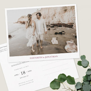 シンプルブルゴーニュタイポグラフィ写真Save the Date インビテーションポストカード