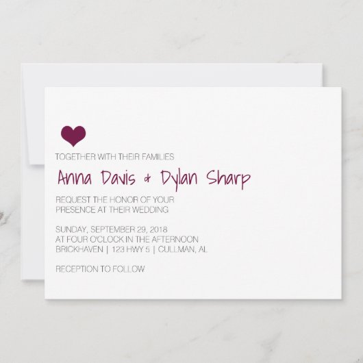 シンプルブルゴーニュハート結婚式招待状 招待状 (正面)