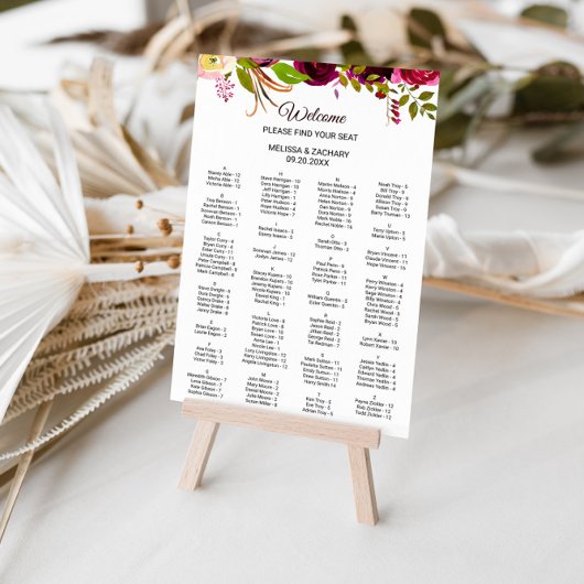 シンプルブルゴーニュフローラのアルファベット順の座席表 ポスター