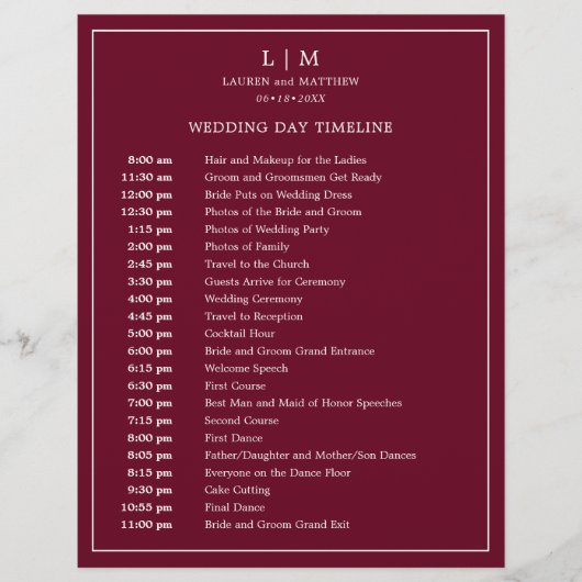 シンプルブルゴーニュモノグラムエレガントなウェディングタイムライン (正面)