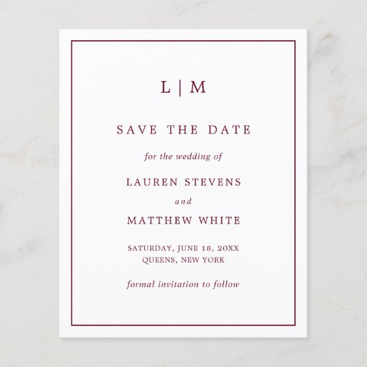 シンプルブルゴーニュ予算結婚式の日付を保存 (正面)