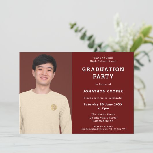 シンプルブルゴーニュ卒業写真卒業式パーティー 招待状 (スタンド正面)