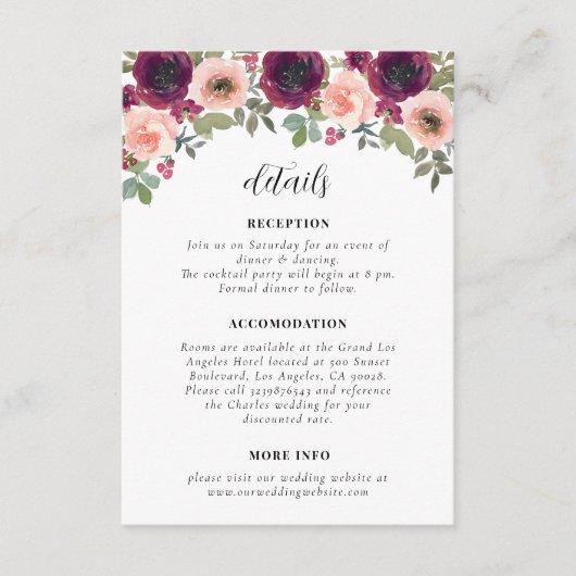 シンプルブルゴーニュ水の色のフローラの結婚詳細 エンクロージャーカード (正面)