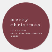 シンプルブルゴーニュ白の名前メリークリスマス ラウンドシール (正面)